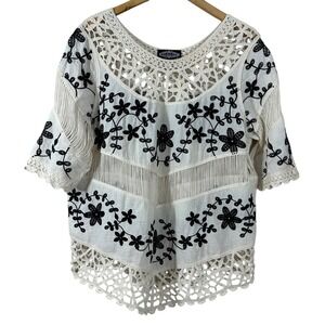 Oliver By Escio Anthropologie Women's Top Cotton Embroidered Crochet Boho Size L